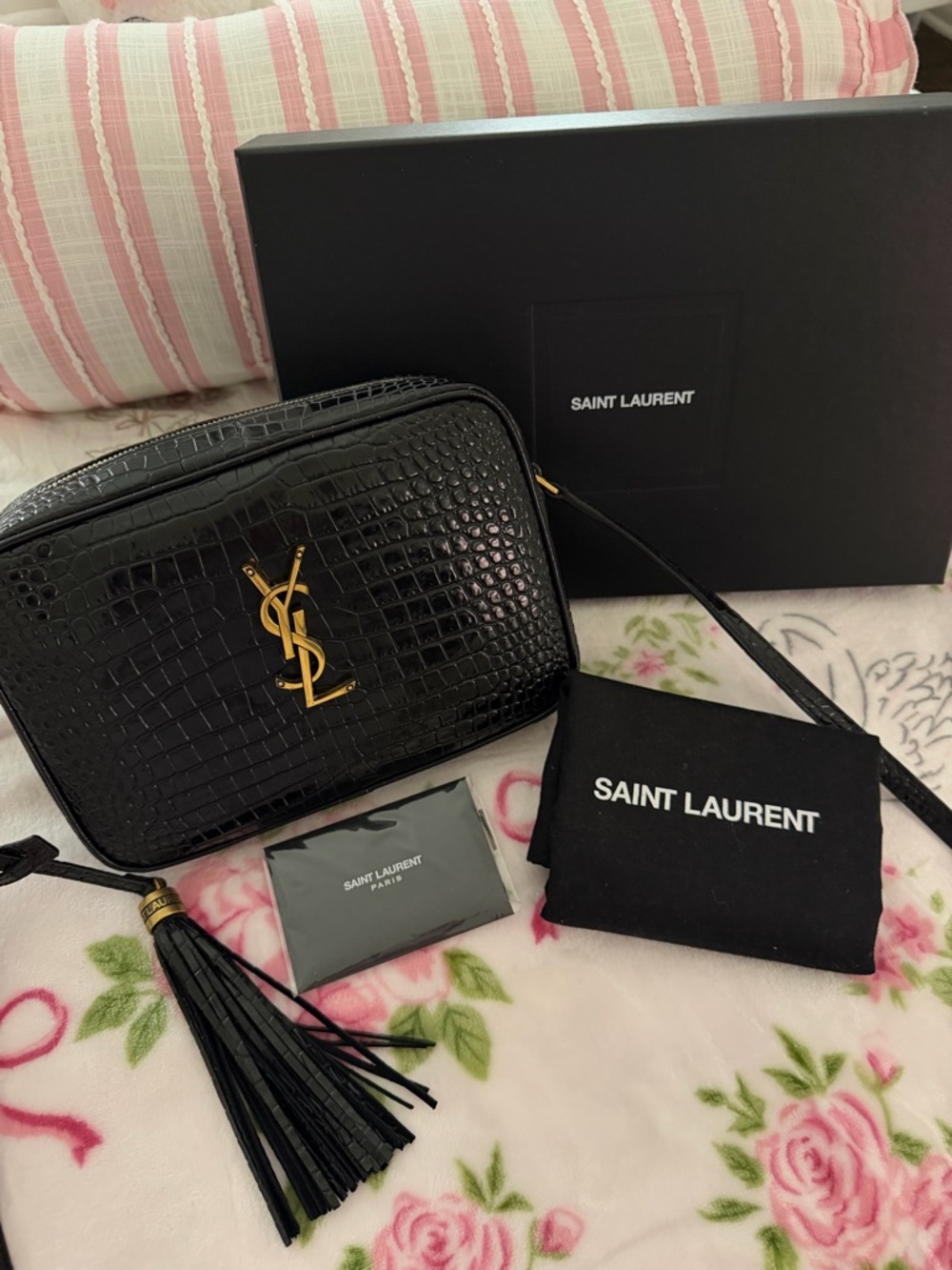 Saint Laurent Black Lou Croc-Embossed Leather Camera Bag